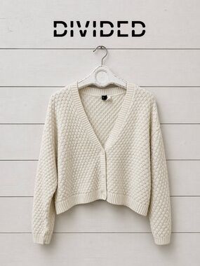 H&M DIVIDED – Cream Knit Cropped Cardigan – Size L